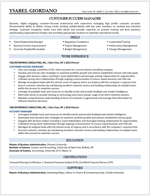 An example of a classic resume for a customer service manager, featuring traditional formatting and sections.