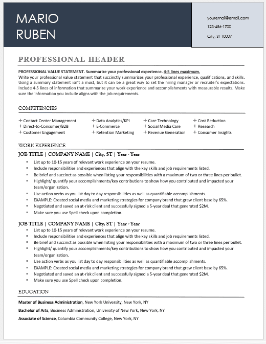 An example of a professional resume template.