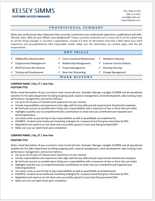 An example of an ATS friendly resume template for a customer service representative.