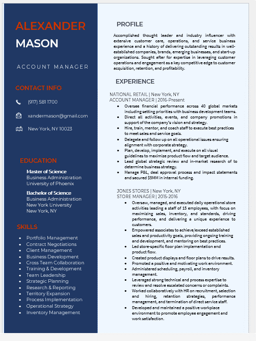         Description: An ATS friendly resume template for an account manager.