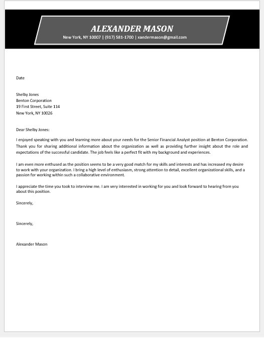 An example of a cover letter for a job that includes a thank you letter template.