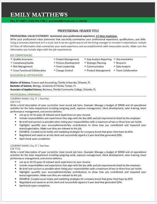 An example of a classic resume for a customer service representative.