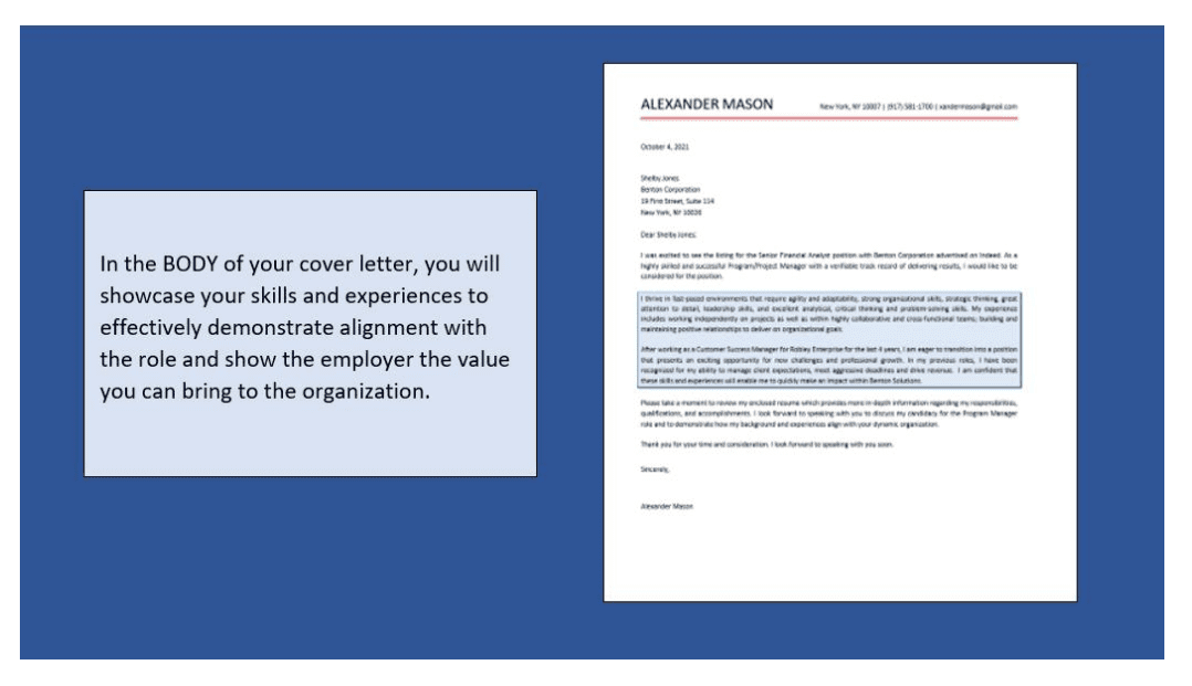 An example of a Cover Letter with a blue background.