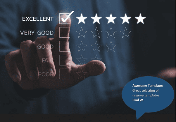 In a cover letter, a person is pointing to a five star rating on a screen.