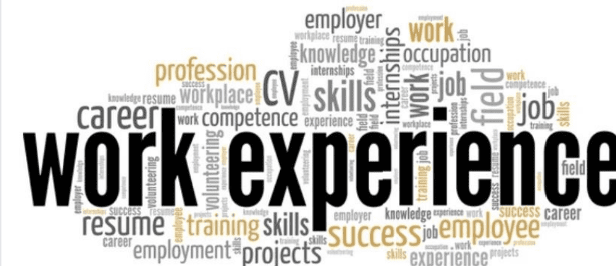 A word cloud featuring the keywords "work experience" to provide insights on how to write a resume.