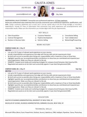 A Purple Rain resume template with purple and white colors.