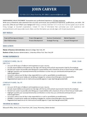 An example of the Legend Resume Template for a business manager.