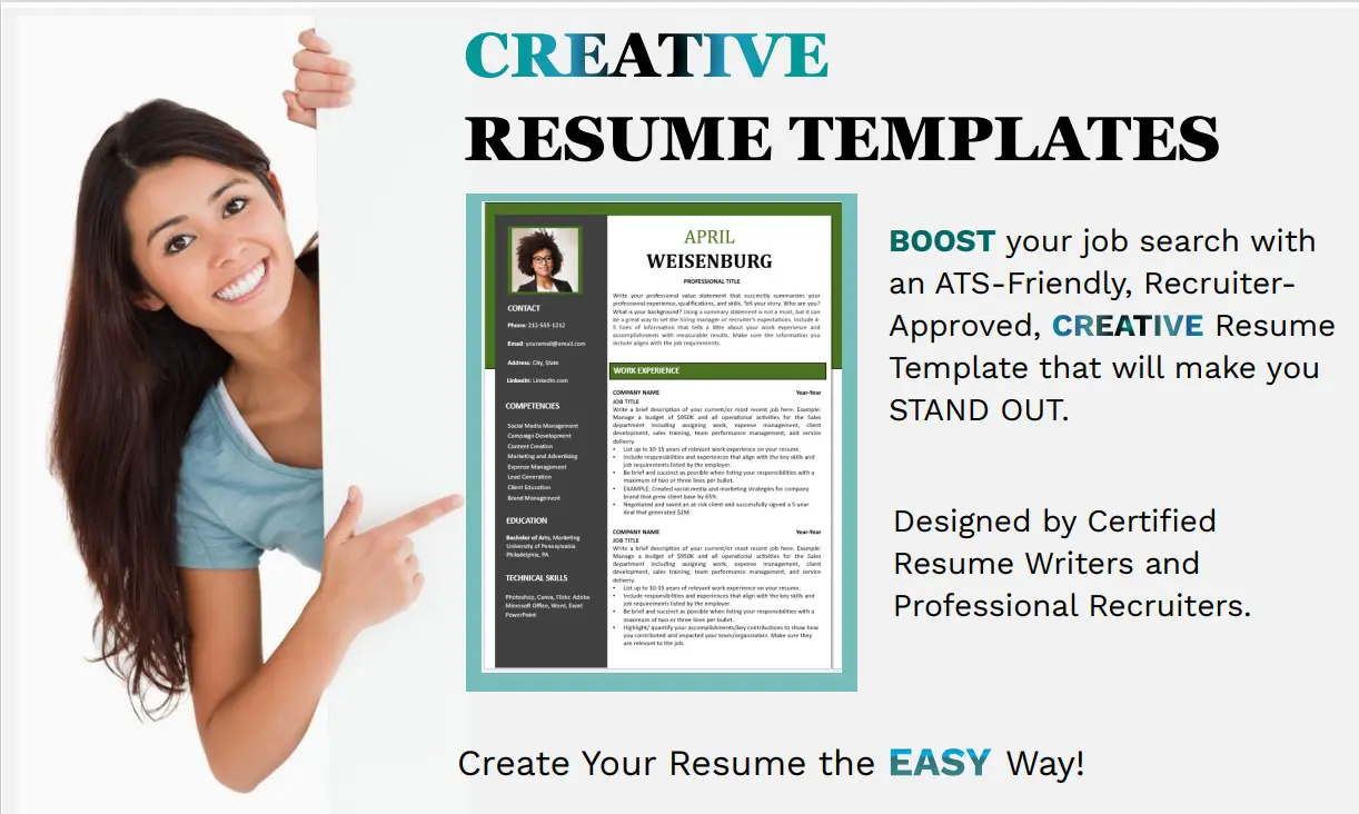 Woman points to a creative resume template.